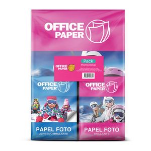 Pack papel fotográfico Office Paper: Papel brillante A4 (10 hojas) + Papel brillante Jumbo (25 hojas) + Papel Adhesivo brillante Jumbo (25 hojas)