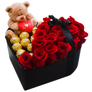 Caja Corazón + 1 Osito con Rosas Rojas en Envase Negro