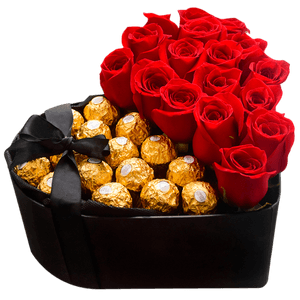 Caja Corazón con chocolates Ferreros y Rosas Rojas en Envase Negro