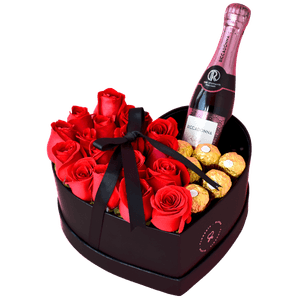 Caja Corazón + 1 Espumante con Rosas Rojas en Envase Negro