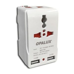 Adaptador de corriente Opalux toma múltiple, 2 usb, enchufe plano 10A, 250V AC, blanco