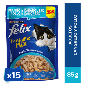 Alimento húmedo para gatos FELIX Adulto sabor pollo y cangrejo 85gr (X15)