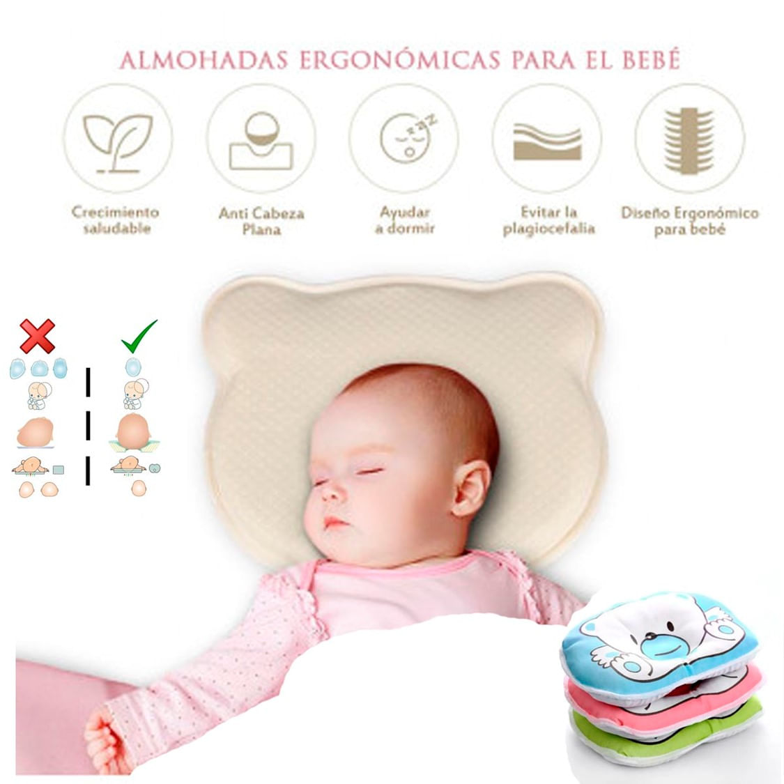 Almohada para Bebé Anti-Cabeza Plana - Gris con Rosado GENERICO