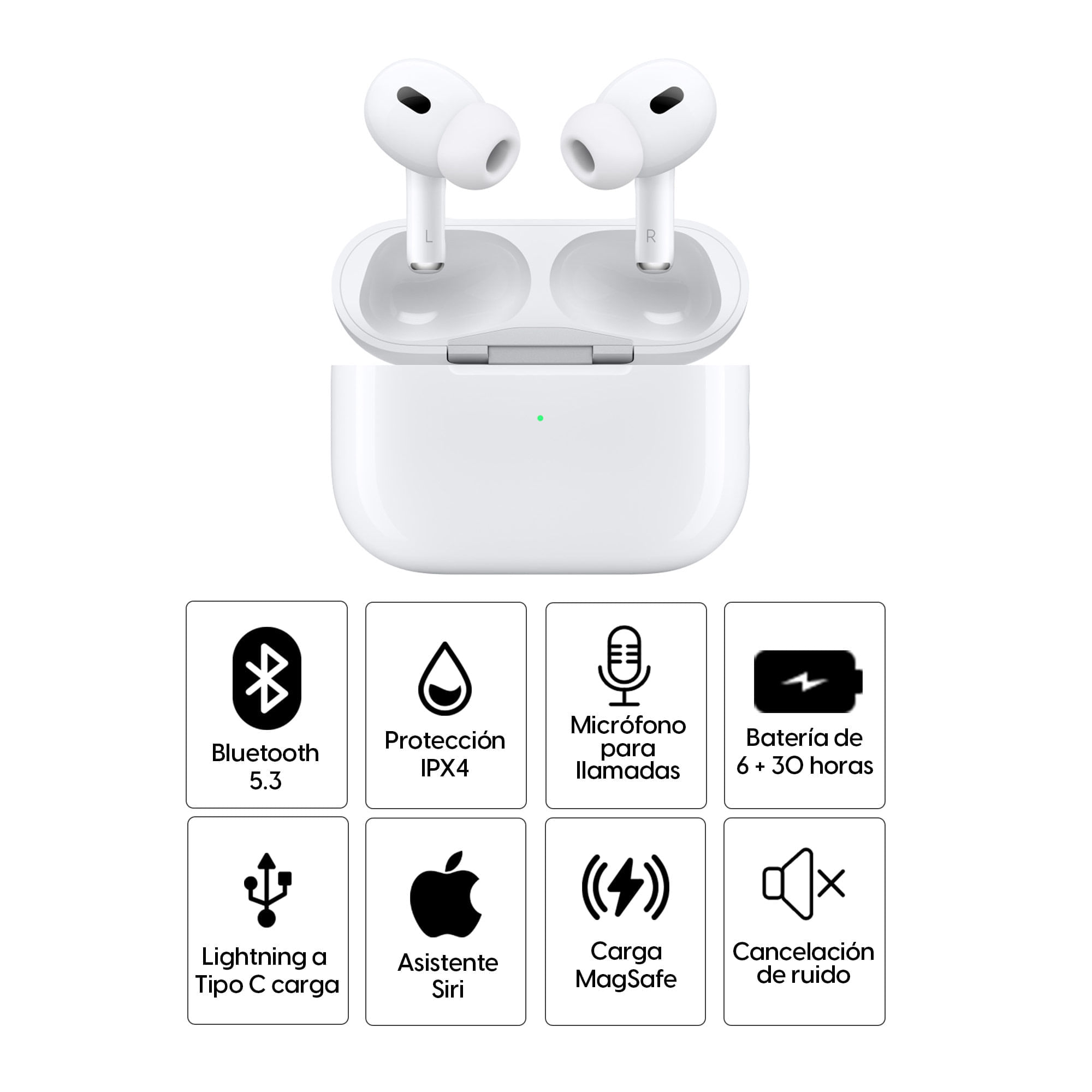 Audífonos bluetooth True Wireless Apple Airpods Pro 2da generación  resistente al agua IPX4, duración máx. 6 horas, estuche de carga MagSafe,  blanco