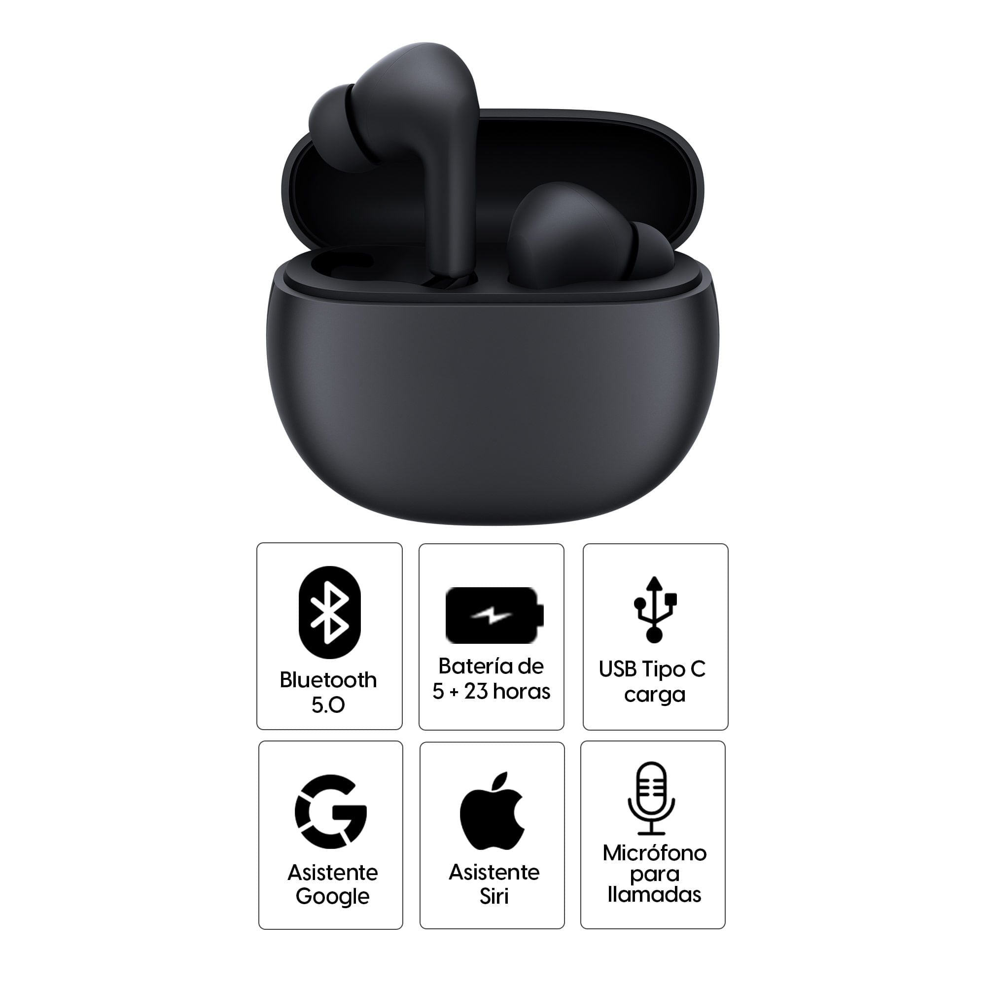 Audífonos bluetooth True Wireless Xiaomi Redmi Buds 4 Active duración máx.  5 horas, control de música y llamadas, negro - Coolbox