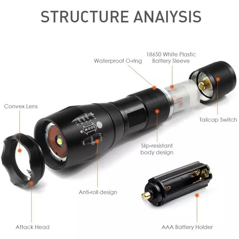Linterna Táctica Led Zoom Brillante Luz Resistente Al Agua