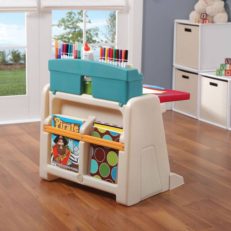 Time-2-Play Kids Montessori Lego - Mesa cuadrada de madera dura roja y azul  de 35 pulgadas con estante, escritorio de madera maciza para niños [patas